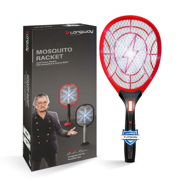 Longway Zappy Rechargeable Mosquito Racket | 3500V DC Voltage On The Net Mesh| Insect Killer Bat | 500mAH Battery | Large Net Area For Better Coverage | Long Lasting Internal Battery | 6 Months Warranty (Black) - Black