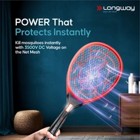 Longway Zappy Rechargeable Mosquito Racket | 3500V DC Voltage On The Net Mesh| Insect Killer Bat | 500mAH Battery | Large Net Area For Better Coverage | Long Lasting Internal Battery | 6 Months Warranty (Black) - Black