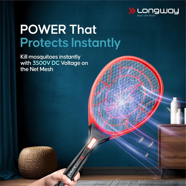 Longway Zappy Rechargeable Mosquito Racket | 3500V DC Voltage On The Net Mesh| Insect Killer Bat | 500mAH Battery | Large Net Area For Better Coverage | Long Lasting Internal Battery | 6 Months Warranty (Black) - Black