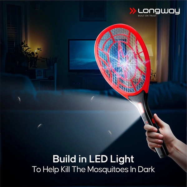 Longway Zappy Rechargeable Mosquito Racket | 3500V DC Voltage On The Net Mesh| Insect Killer Bat | 500mAH Battery | Large Net Area For Better Coverage | Long Lasting Internal Battery | 6 Months Warranty (Black) - Black