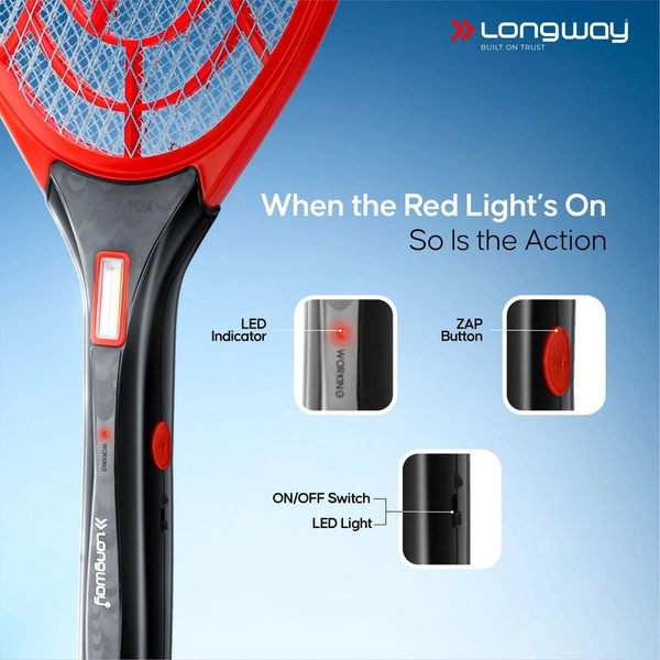 Longway Zappy Rechargeable Mosquito Racket | 3500V DC Voltage On The Net Mesh| Insect Killer Bat | 500mAH Battery | Large Net Area For Better Coverage | Long Lasting Internal Battery | 6 Months Warranty (Black) - Black