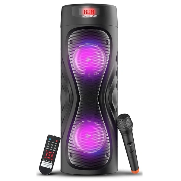Krisons Cyclone 100W Bluetooth Party Tower Speaker with Dual Woofer, RGB Lights & Wireless Mic – Black