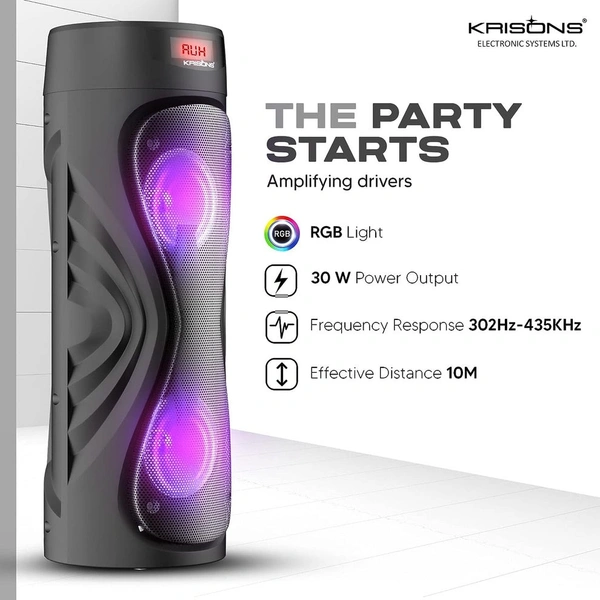 Krisons Cyclone 100W Bluetooth Party Tower Speaker with Dual Woofer, RGB Lights & Wireless Mic – Black