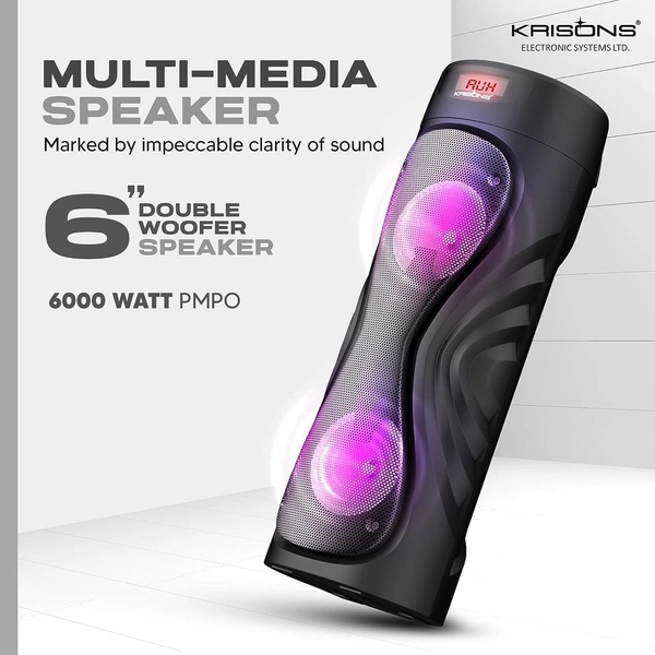 Krisons Cyclone 100W Bluetooth Party Tower Speaker with Dual Woofer, RGB Lights & Wireless Mic – Black