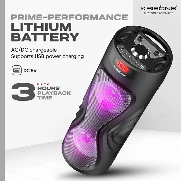 Krisons Cyclone 100W Bluetooth Party Tower Speaker with Dual Woofer, RGB Lights & Wireless Mic – Black