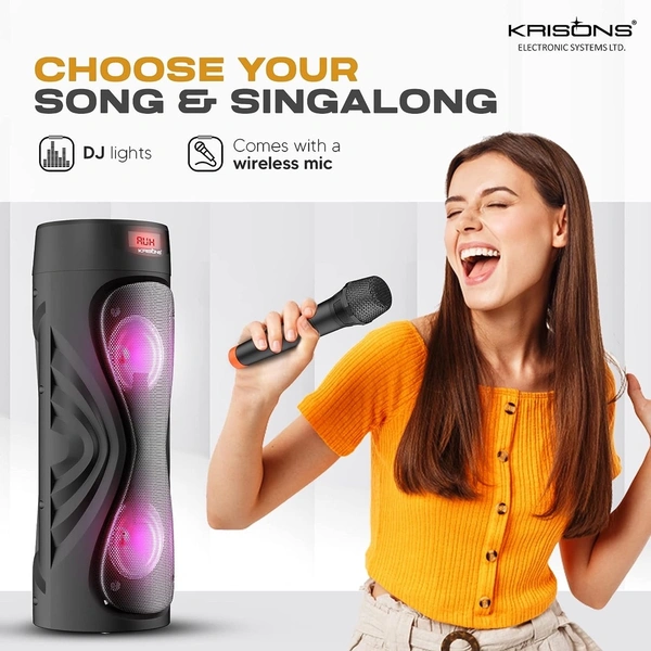 Krisons Cyclone 100W Bluetooth Party Tower Speaker with Dual Woofer, RGB Lights & Wireless Mic – Black