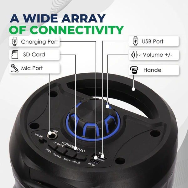 Krisons Comet 40W Bluetooth Party Speaker | Dual 4" Woofers, Mic, RGB Lights, USB/SD/FM