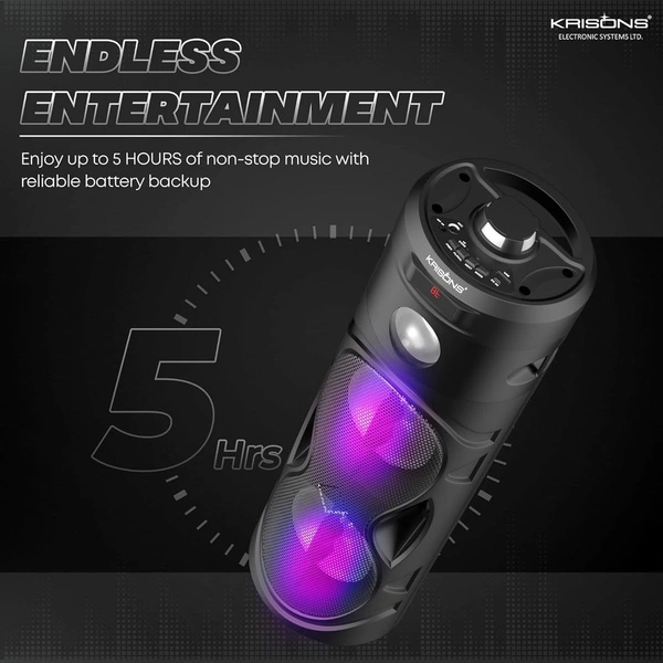 Krisons Cylender 111 | 40W Bluetooth Portable Speaker with Dual Woofers, Mic & Torch