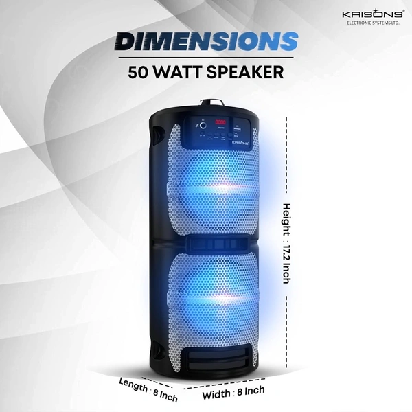 Krisons Cylender 222-50W Portable Speaker with Double 6" Woofers, Wireless Mic & RGB Lights