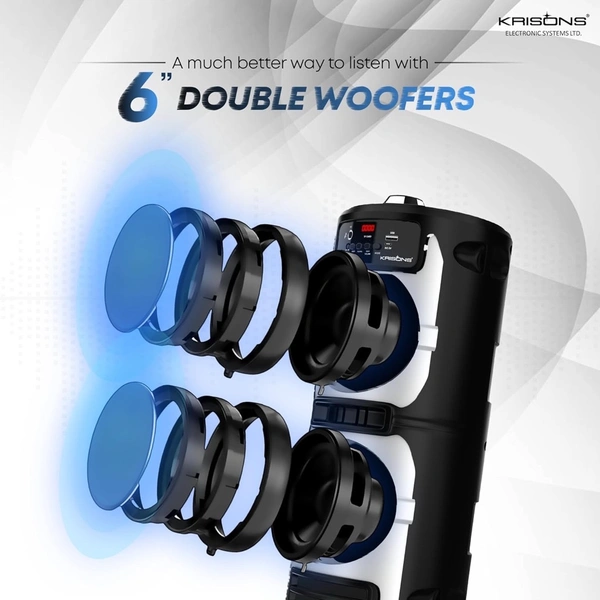 Krisons Cylender 222-50W Portable Speaker with Double 6" Woofers, Wireless Mic & RGB Lights
