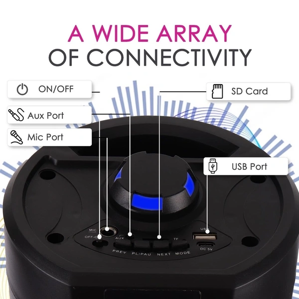 Krisons Cylender 333 – 50W Bluetooth Party Tower Speaker with Double 4" Woofers, RGB Lights, FM, USB, SD & Wired Mic