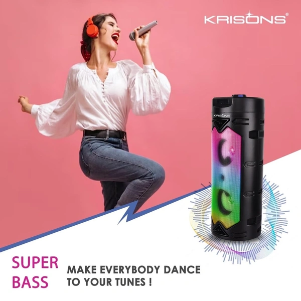Krisons Cylender 333 – 50W Bluetooth Party Tower Speaker with Double 4" Woofers, RGB Lights, FM, USB, SD & Wired Mic