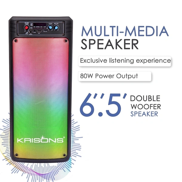 Krisons Disco Double Woofer 80W Bluetooth Party Speaker with Wireless Mic, RGB Lights & FM
