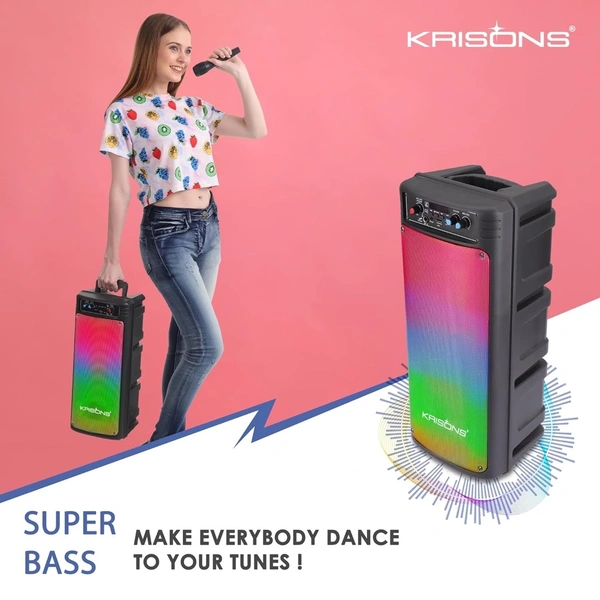 Krisons Disco Double Woofer 80W Bluetooth Party Speaker with Wireless Mic, RGB Lights & FM