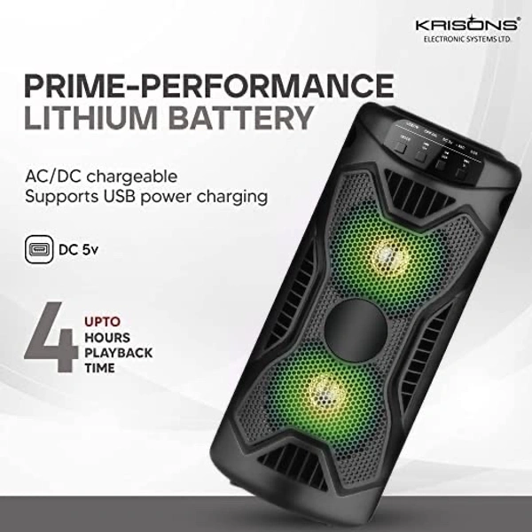 Krisons KRISONS Rockstar 4” Double Woofer 20W Multi-Media Bluetooth Party Speaker with Wired Mic for Karaoke, RGB Lights, USB, SD Card and FM Radio