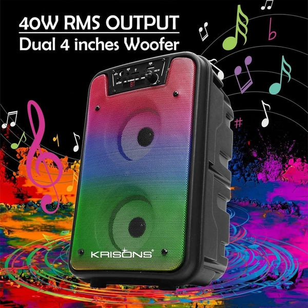 Krisons Rainbow 40W Double Woofer Bluetooth Party Speaker with Mic, RGB Lights & TWS