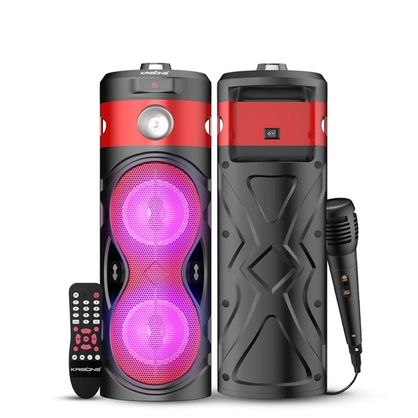 Krisons Cylender 111 40W Portable Speaker with 4" Double Woofers, Free Wired Mic for Karaoke, in Built Torch, Remote Control with Bluetooth, FM, USB, Micro SD Card Connectivity