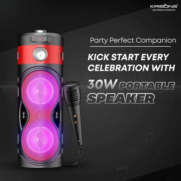 Krisons Cylender 111 40W Portable Speaker with 4" Double Woofers, Free Wired Mic for Karaoke, in Built Torch, Remote Control with Bluetooth, FM, USB, Micro SD Card Connectivity