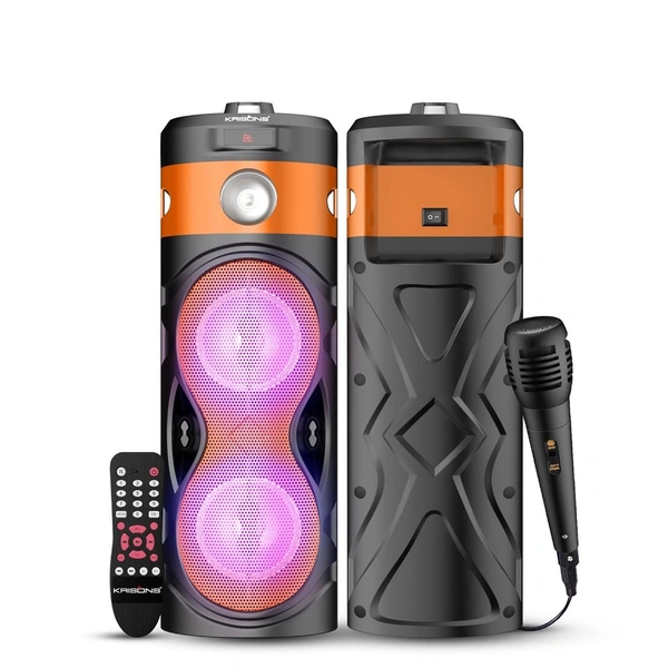 Krisons Cylender 111 40W Portable Speaker with 4" Double Woofers,Free Wired Mic for Karaoke, in Built Torch, Remote Control with Bluetooth, FM, USB, Micro SD Card Connectivity (Orange)