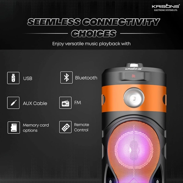 Krisons Cylender 111 40W Portable Speaker with 4" Double Woofers,Free Wired Mic for Karaoke, in Built Torch, Remote Control with Bluetooth, FM, USB, Micro SD Card Connectivity (Orange)
