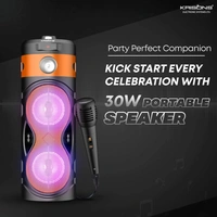 Krisons Cylender 111 40W Portable Speaker with 4" Double Woofers,Free Wired Mic for Karaoke, in Built Torch, Remote Control with Bluetooth, FM, USB, Micro SD Card Connectivity (Orange)