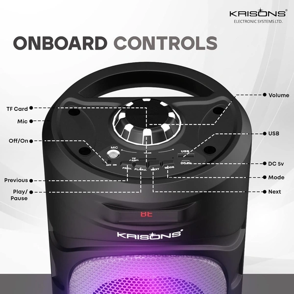 Krisons 4" SilverStar Double Woofer 40W Multi-Media Bluetooth Party Speaker with Wired Mic for Karaoke,Digital Display, RGB Lights, USB, SD Card and FM Radio