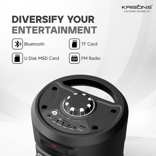 Krisons 4" SilverStar Double Woofer 40W Multi-Media Bluetooth Party Speaker with Wired Mic for Karaoke,Digital Display, RGB Lights, USB, SD Card and FM Radio