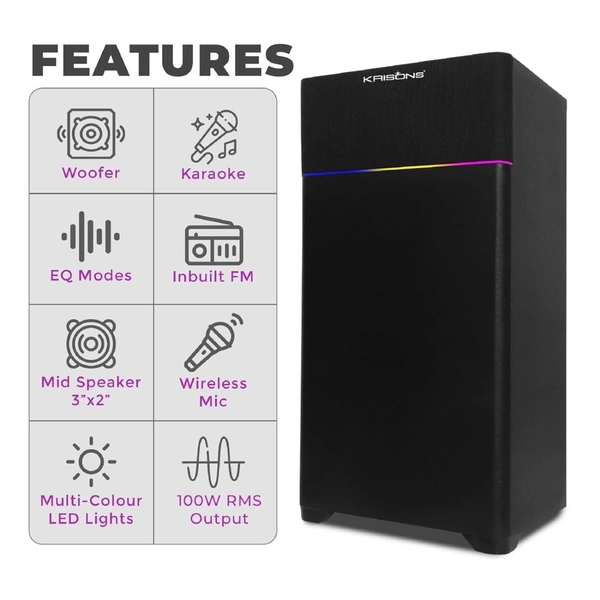 Krisons KRISONS Newly Launched Rocker Powerful 120W RMS Home Theater Bluetooth Party Box Speaker with High Power Bass, Wireless Mic with Karaoke & Mic Priority, HDMI (ARC), AUX, USB and Dynamic LED Lights 