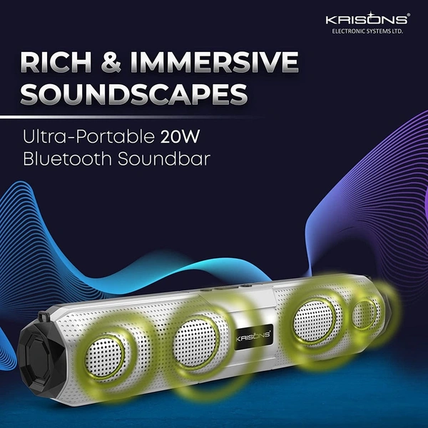 Krisons Wonder soundbar 20W Portable Bluetooth Speaker with Bass, Music System for Home Theatre, Living Room & Travelling, Mini Sound System for LED TV, Mobile, PC, Projector, Laptop