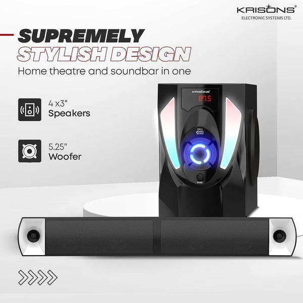 Krisons Superstar 4.1 Channel Home Theatre with Subwoofer Cum Soundbar, Smart Interlocking Design, Multiple Connectivity, 4x3 Speaker & 5.25" Woofer, Bluetooth Music System with Wireless Mic (Black) 