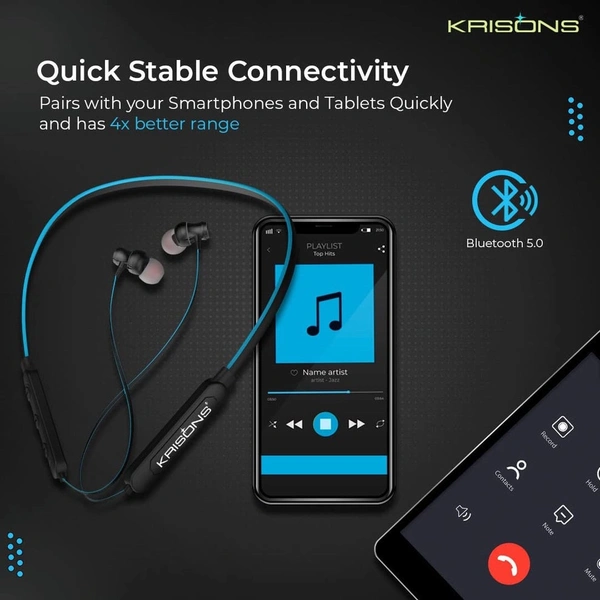 Krisons Rockblue Neckband with 25 Hrs runtime Deep Bass Speaker Headset (Green, in-Ear) Bluetooth Headset (Black Green, True Wireless) 