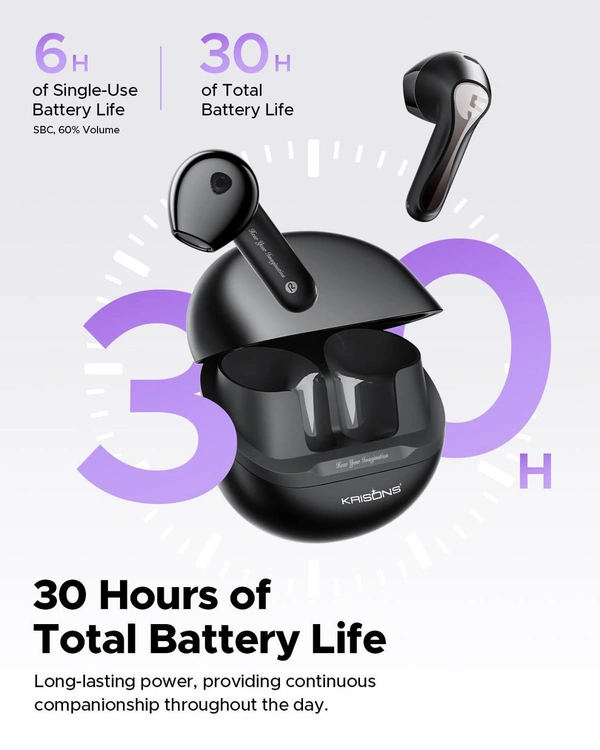 Krisons TWS-002 Wireless Earbuds, Black, True Wireless Stereo, Portable Charging Case
