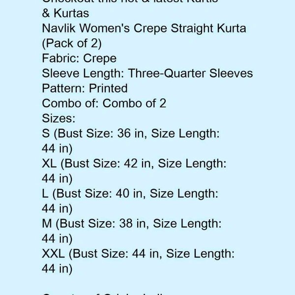 Kurtis For Women  - multi color , M, L, XL, 