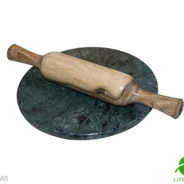 Green Marble Roti Maker With Wooden Belan   - Green , 9 inch diameter 