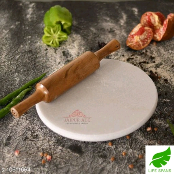 White Marble Roti Maker With Wooden Belan   - white, 9 inches diameter 