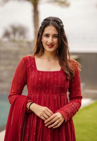 MAROON EMBROIDERED GEORGETTE SUIT SET - Purple, S M L XL XXL