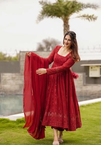 MAROON EMBROIDERED GEORGETTE SUIT SET - Purple, S M L XL XXL