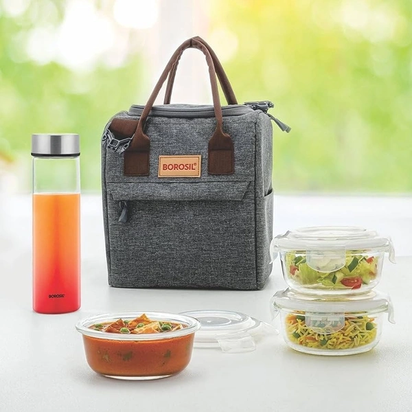 Borosil Glass Pro 3 Containers Lunch Box with Glass Bottle | Lunch Bag | Microwave
