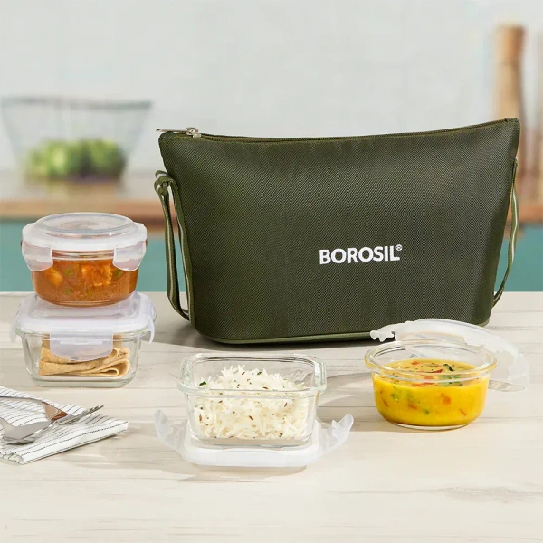 Borosil Eat Easy Daisy Glass Lunch With 4 Glass Containers
