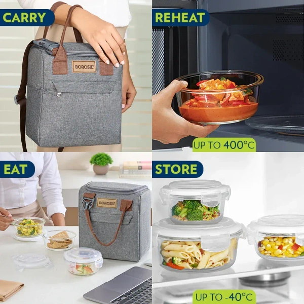 Borosil Glass Pro 3 Containers Lunch Box with Glass Bottle | Lunch Bag | Microwave