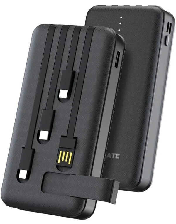 10000mAh Power Bank, 15W Fast Charging| Buit-in Cables | 4 Output Ports and 3 Input | for iPhone, Smartphones & Other Devices (15 W, Fast Charging) (Black, Lithium Polymer) - 10000 MAH