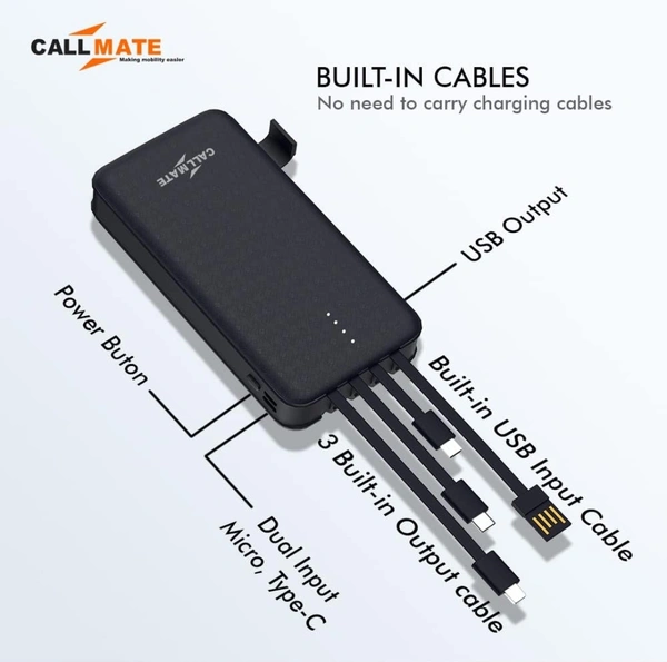 10000mAh Power Bank, 15W Fast Charging| Buit-in Cables | 4 Output Ports and 3 Input | for iPhone, Smartphones & Other Devices (15 W, Fast Charging) (Black, Lithium Polymer) - 10000 MAH
