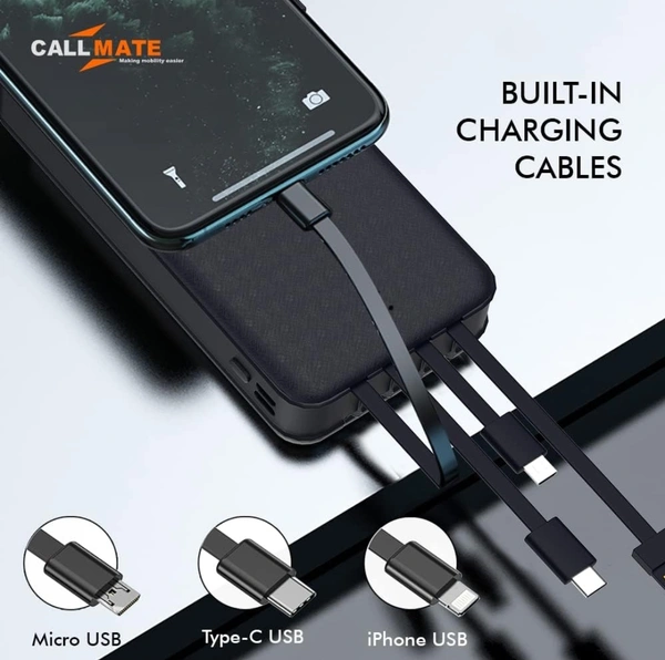 10000mAh Power Bank, 15W Fast Charging| Buit-in Cables | 4 Output Ports and 3 Input | for iPhone, Smartphones & Other Devices (15 W, Fast Charging) (Black, Lithium Polymer) - 10000 MAH