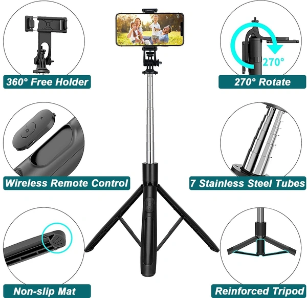 Selfie Stick with Tripod Stand 360 Degree Rotation Rechargeable Remote Quadripod Stand Balance Handle 71-inch Selfie Stick for Phone Camera Gopro 360°Panoramic Shooting Vlogging Live Stream