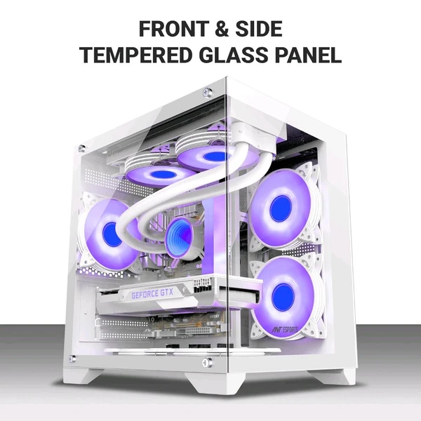 Ant Esports Crystal Z2 Mid-Tower Computer Case/Gaming Cabinet – White | Support Micro-ATX, Mini-ITX | Pre-Installed 3 ARGB Infinity Mirror Fans - White