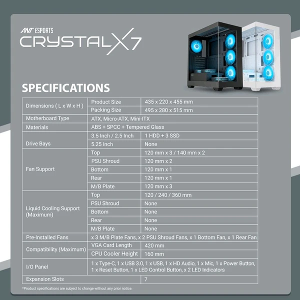 Ant Esports Crystal X7 ATX Computer Case/Gaming Cabinet with Type-C – Black - Black