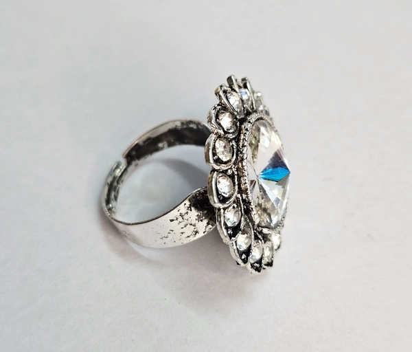 Adjustable Brass Crystal Silver Stone Ring