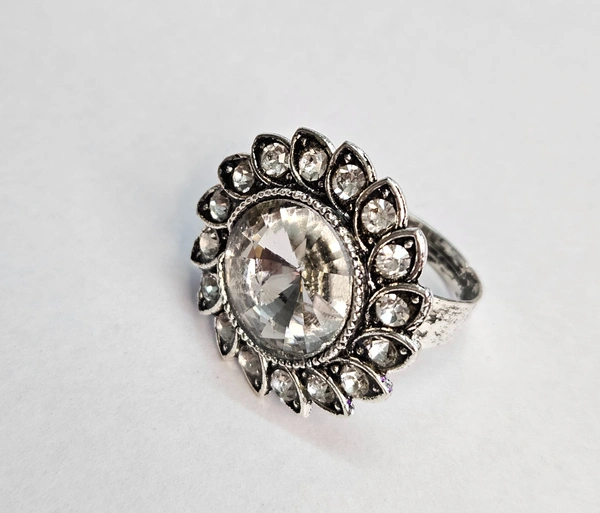 Adjustable Brass Crystal Silver Stone Ring