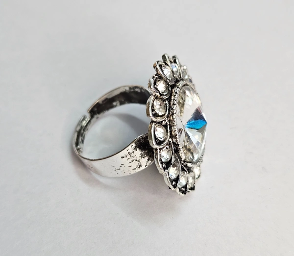 Adjustable Brass Crystal Silver Stone Ring