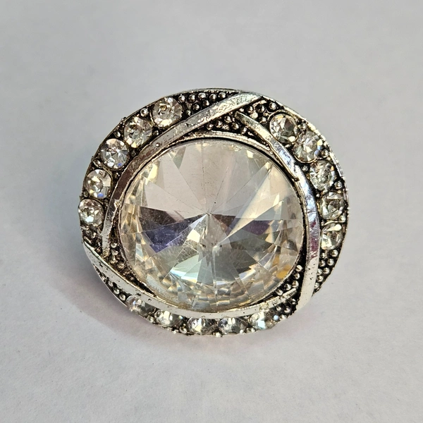 Adjustable Brass Crystal Silver Stone Ring